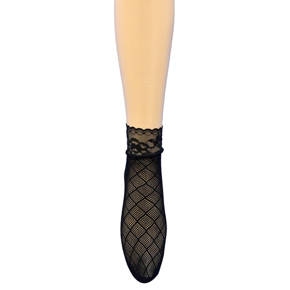 AVRNLIQ Womens Black Ankle Fishnet Socks with Lace Trim Sheer Mesh Breathable Lightweight Y2K Style