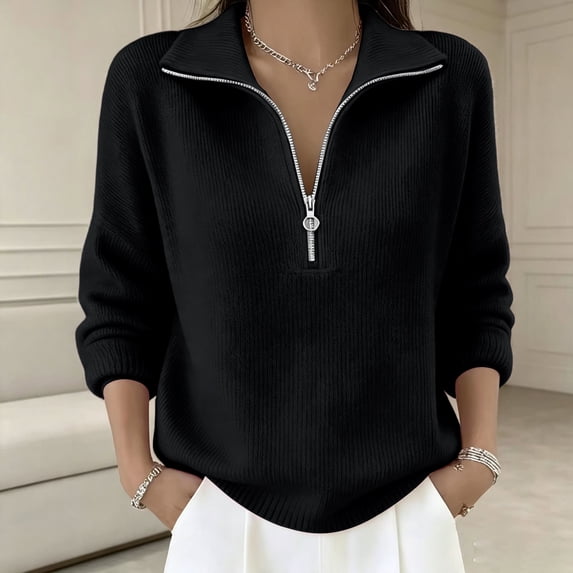 AVRNLIQ Womens Black Oversized Quarter Zip Ribbed Knit Pullover Sweater, Relaxed Fit Long Sleeve,Size L