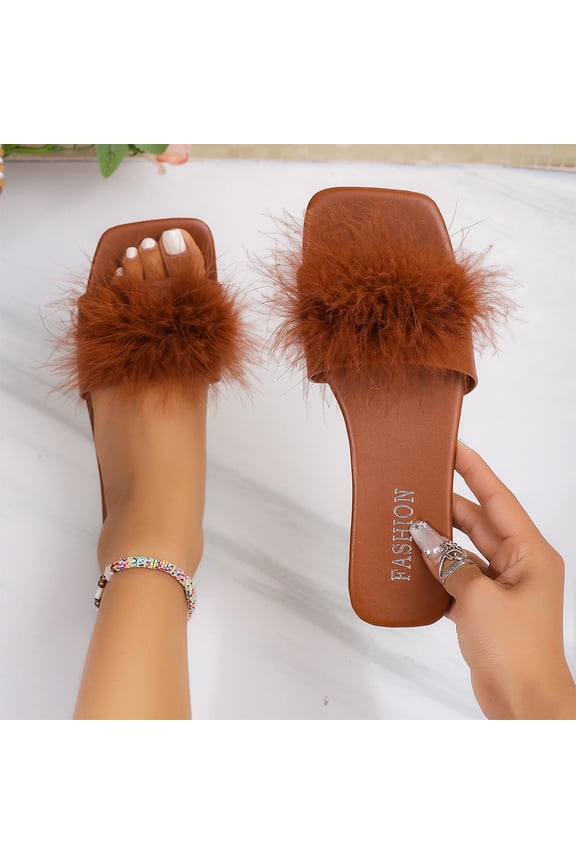 Womens Brown Fluffy Feather Slide Sandals Wide Fit Square Toe Flat Slip On Summer Party Mules,Size 7