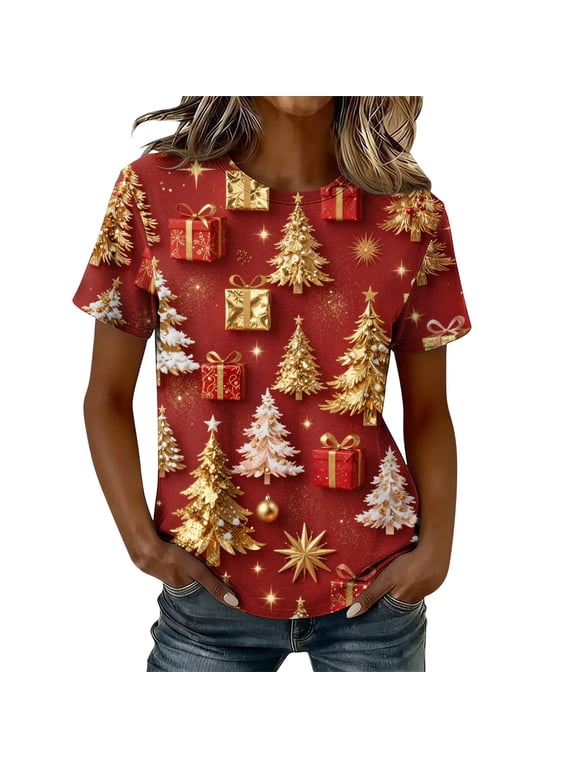 Womens Christmas T-Shirt Short Sleeve Holiday Graphic Tee All Over Print Christmas Tree Crew Neck,Size 2XL