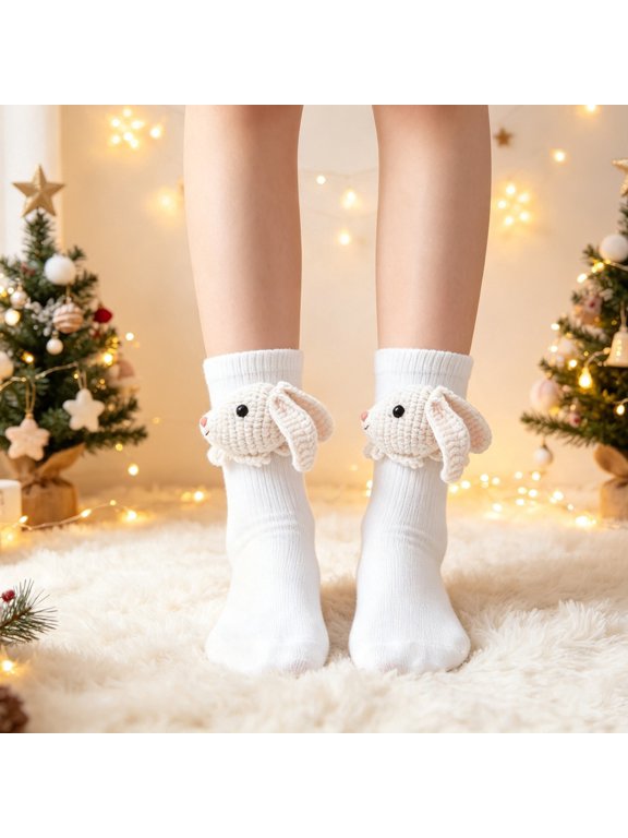 Womens Cotton Crew Socks with 3D Crochet Bunny Applique, White - Novelty Gift