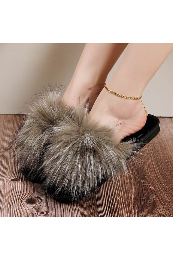 Womens Faux Faux Fur Open Toe Slide Slippers, Slip-On Flat Non-Slip Casual Loungewear Sandals Indoor Outdoor Multi Color,Size 9