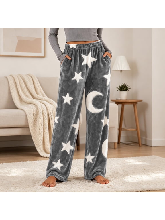 Womens Flannel Pajama Pants, Wide Leg Sleep Bottoms with Pockets, Soft Loungewear,Size M