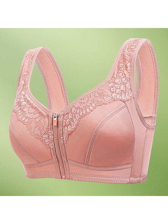 Womens Front Zip Bra Wireless Post Surgery Comfort Bra Plus Size Adjustable Straps Pink,Size 46