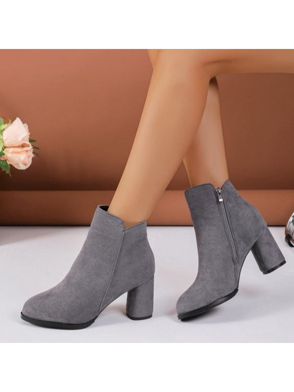 Womens Gray Faux Suede Chunky Block Heel Ankle Boots, Round Toe Side Zip Non-Slip Casual Dress Booties,Size 9