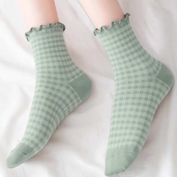 AVRNLIQ Womens Green Gingham Ruffled Crew Socks, Soft Breathable Knit, One Size