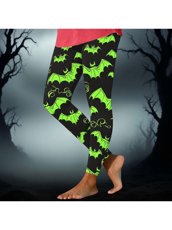 Womens Hall-oween Bat Print Leggings High Waisted Stretchy Costume Pants Neon Green Black Full Length S-XXXL,Size 2XL