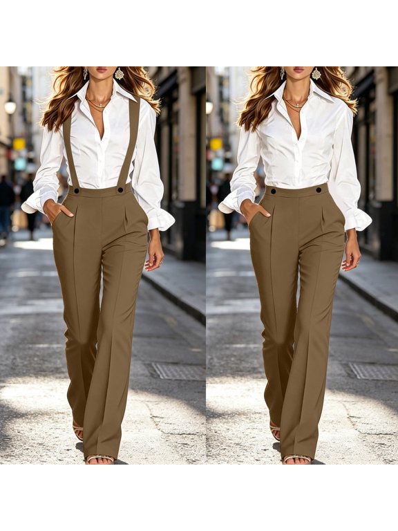 Womens High Waist Bootcut Work Pants - Brown Stretch Flare Trousers with Detachable Suspenders Business Casual Slacks,Size L