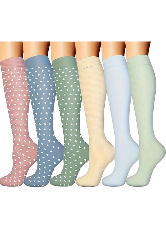 Womens Knee High Compression Socks 6 Pairs Nylon Casual Long Socks Polka Dot & Solid Ribbed Size L