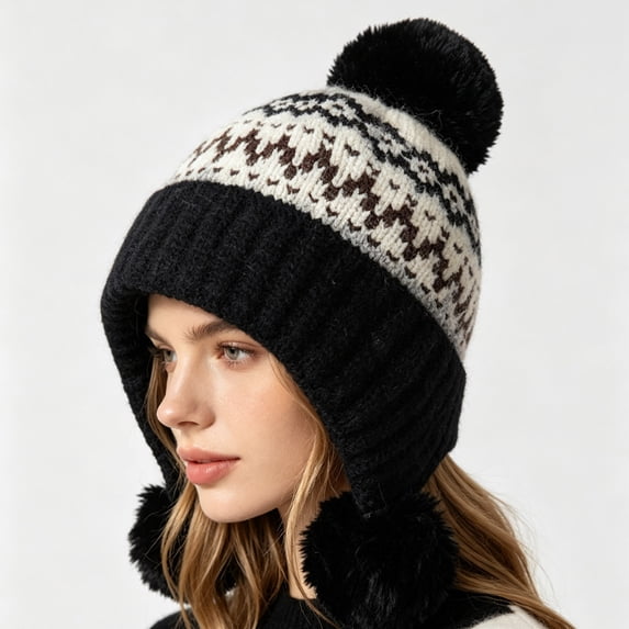 AVRNLIQ Womens Knit Beanie with Ear Flaps Fair Isle Pom Pom Winter Hat Black