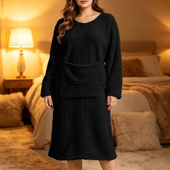 AVRNLIQ Womens Long Sleeve Flannel Nightgown, Plus Size Cozy Sleepwear with Pockets, Soft Knee Length Loungewear Dress, Black,Size L