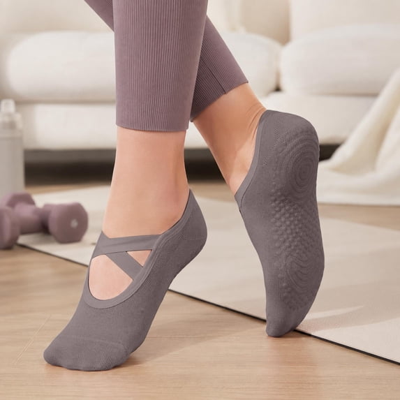 AVRNLIQ Womens No-Show Ballet Socks Non-Slip Cotton with Criss-Cross Strap Dark Gray 1 Pair