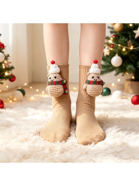 Womens Novelty Crew Socks Cotton Christmas Gifts 3D Crochet Bear One Size Khaki