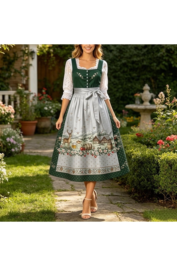 Womens Oktoberfest Dirndl Dress, Multicolor Alpine Print Midi with Lace Sleeves - Traditional Bavarian Costume,Size XL