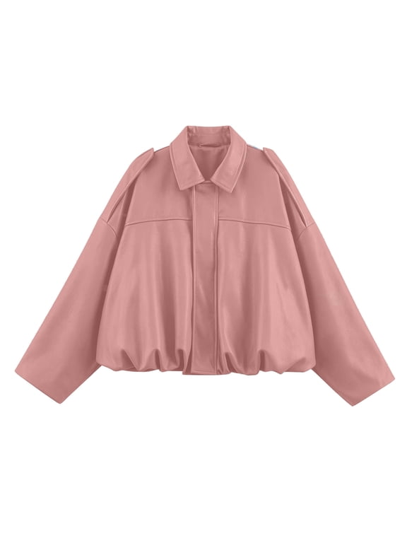 Womens Oversized Faux Leather Jacket Cropped Faux Leather Coat Loose Bubble Hem Outerwear for Fall Winter