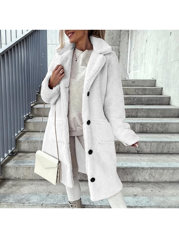 Womens Oversized Long White Sherpa Fleece Teddy Coat Button Front Winter Jacket,Size M