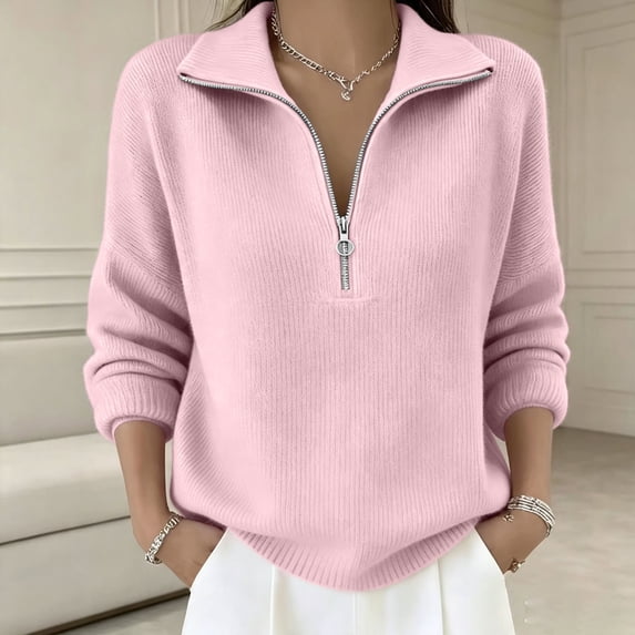 AVRNLIQ Womens Oversized Quarter Zip Ribbed Knit Pullover Sweater, Pink, Relaxed Fit Long Sleeve,Size S