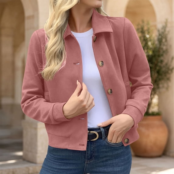 AVRNLIQ Womens Pink Suede Crop Jacket Button Down Lapel Collar Long Sleeve Casual Lightweight Spring Outerwear,Size M