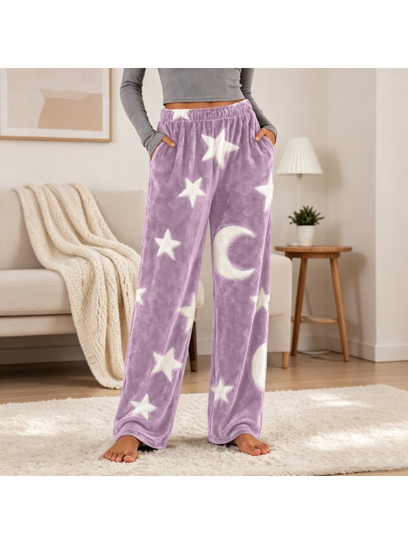 Womens Purple Flannel Pajama Pants, Star Moon Wide Leg Sleep Bottoms with Pockets,Size S