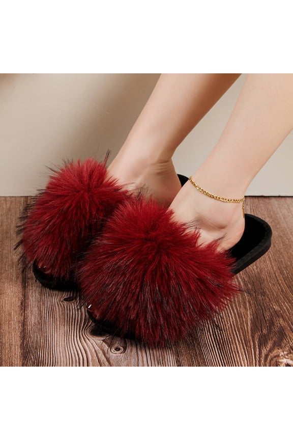 Womens Red Faux Faux Fur Open Toe Slides, Slip-On Flat Non-Slip Indoor Outdoor Loungewear Slippers,Size 9