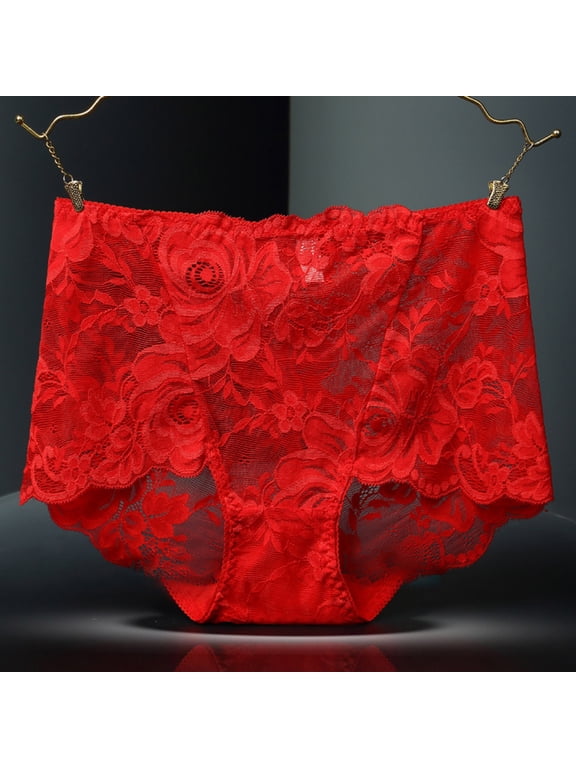 Womens Red Lace Briefs Mid Rise Plus Size L-XXXXL Full Coverage Stretch Panties Soft Breathable Underwear No VPL,Size 4XL