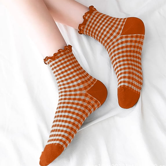 AVRNLIQ Womens Retro Gingham Ruffled Crew Socks, Soft Breathable Knit, One Size, Orange