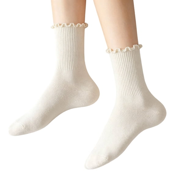 AVRNLIQ Womens Ruffle Crew Socks Lettuce Edge Frilly Preppy Ribbed Stretchy Breathable Beige Free Size