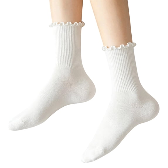 AVRNLIQ Womens Ruffle Crew Socks, Mid-Calf Lettuce Edge, Polyester Blend, One Size, White Free Size