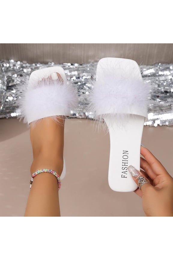 Womens White Fluffy Feather Slip On Square Toe Flat Mules Casual Resort Wedding Guest Slide Sandals,Size 5