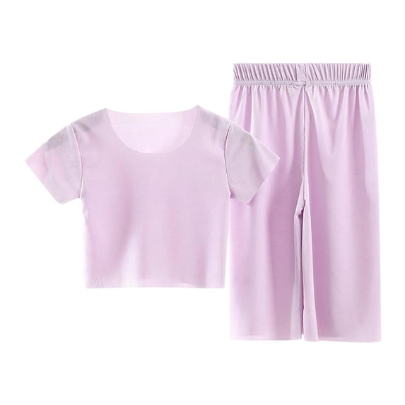 AVTOIFY Kids Clothes, Baby Outfits, Baby Clothes, Children's Summer Solid Color Ice Silk Children's Round Neck Short Sleeve Set Casual and Comfortable Straight Leg Pants Purple 5 Years
