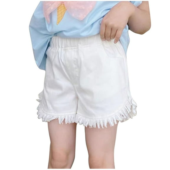 AVTOIFY Girls Shorts, Girls Summer Clothes, Summer Denim Shorts For Children and Solid Color and Versatile Elastic and Perforated Hot Pants Worn As Outerwear, Shorts for Girls, White