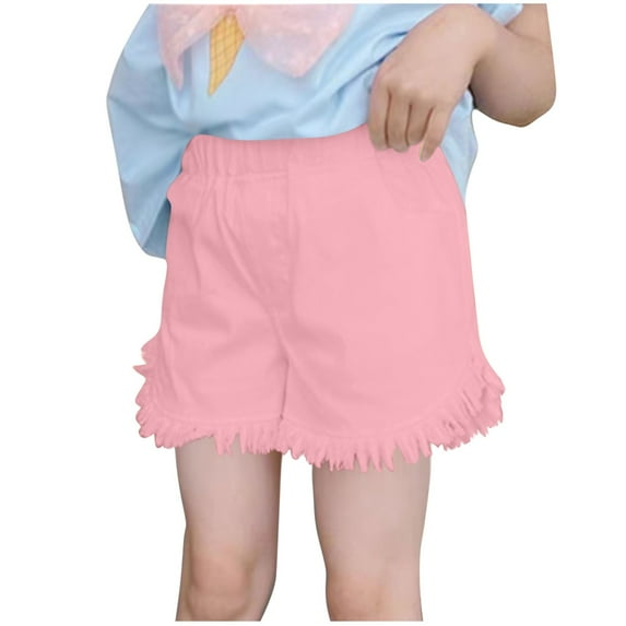 AVTOIFY Girls Shorts, Girls Summer Clothes, Summer Denim Shorts For Children and Solid Color and Versatile Elastic and Perforated Hot Pants Worn As Outerwear, Shorts for Girls, Pink