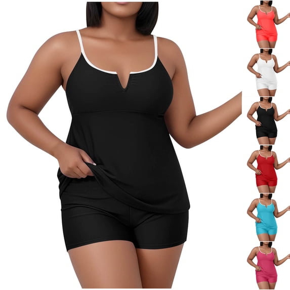 AVTOIFY Split Solid Casual Women's Oversized Color Tank One-Piece Bikini Set Top With Chest Cushion Swimsuit Set