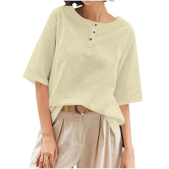 AVTOIFY Summer Womens Blouses Dressy Casual, Fashion Women's Summer T-shirt Sleeve Solid Round Neck Blouses Blouses Beige L