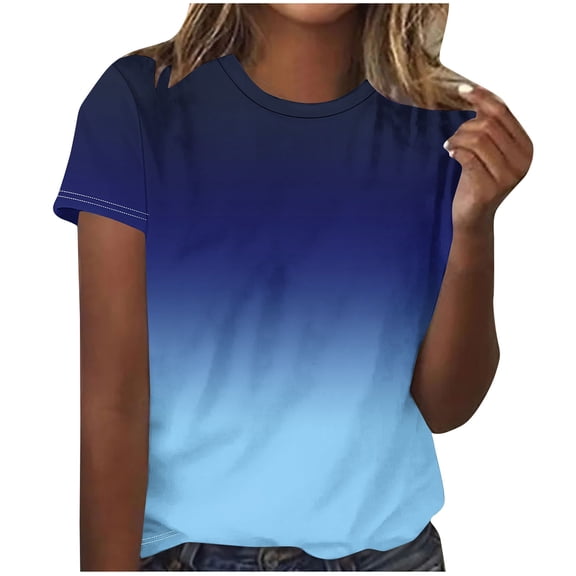 AVTOIFY Summer Womens Blouses Dressy Casual, Ladies' Casual Gradient Printed T-shirt Short-sleeved Round-neck Top Blue M