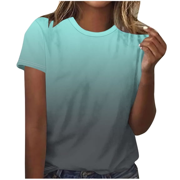AVTOIFY Summer Womens Blouses Dressy Casual, Ladies' Casual Gradient Printed T-shirt Short-sleeved Round-neck Top Mint Green XXL