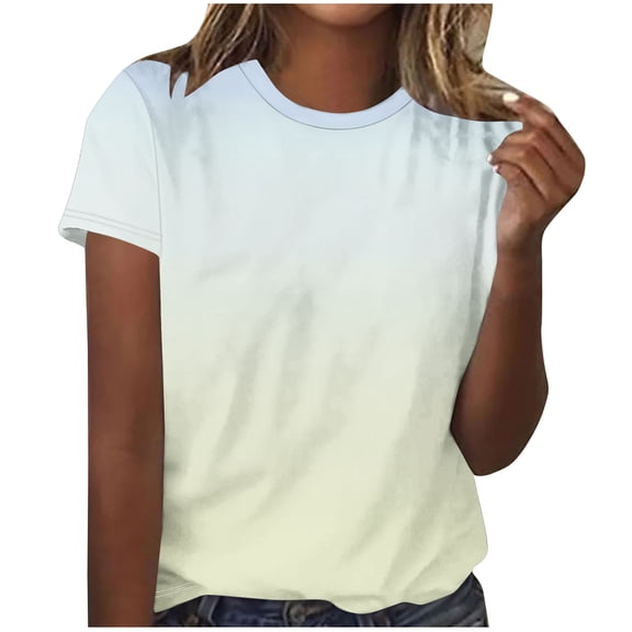 AVTOIFY Summer Womens Blouses Dressy Casual, Ladies' Casual Gradient Printed T-shirt Short-sleeved Round-neck Top White L