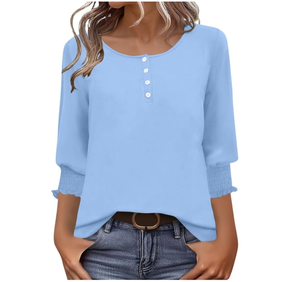 AVTOIFY Summer Womens Blouses Dressy Casual, Ladies' Fashionable Solid-colored Button-down T-shirt With 3/4 Length Sleeves Round Neck Top/shirt Light Blue S