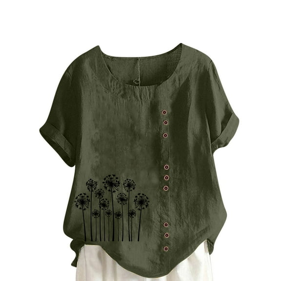 AVTOIFY Summer Womens Blouses Dressy Casual, Women Casual And Linen Round-Neck Printed Short Sleeve Button T-shirt Blouse Army Green XXXXL