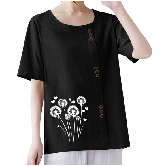AVTOIFY Summer Womens Blouses Dressy Casual, Women Casual And Linen Round-Neck Printed Short Sleeve Button T-shirt Blouse Black L