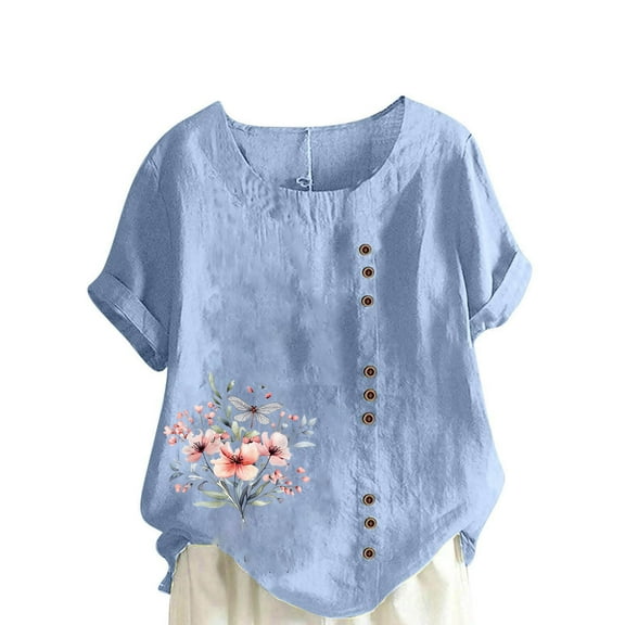 AVTOIFY Summer Womens Blouses Dressy Casual, Women Casual And Linen Round-Neck Printed Short Sleeve Button T-shirt Blouse Light Blue S