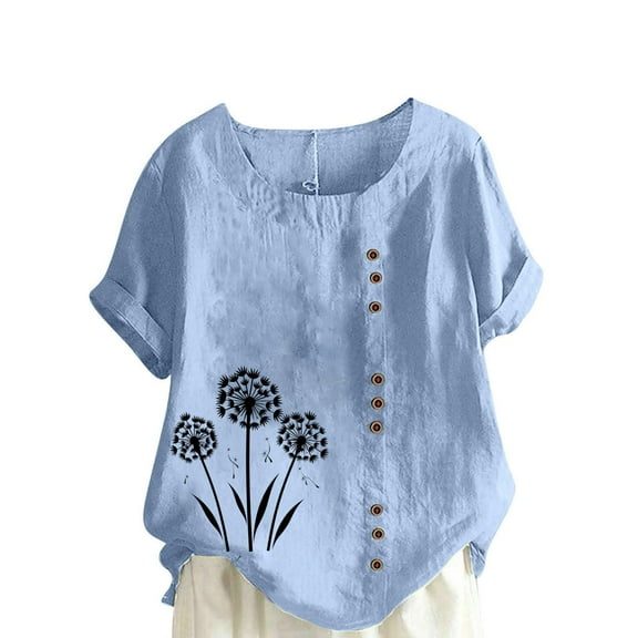 AVTOIFY Summer Womens Blouses Dressy Casual, Women Casual And Linen Round-Neck Printed Short Sleeve Button T-shirt Blouse Light Blue XXXL