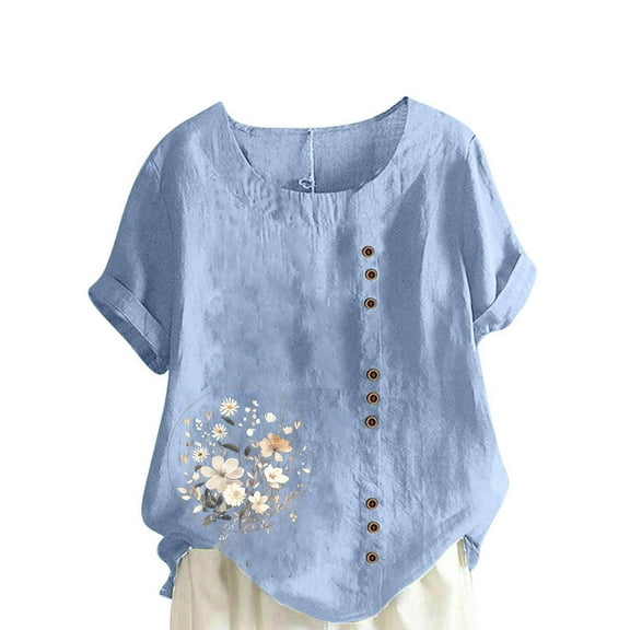 AVTOIFY Summer Womens Blouses Dressy Casual, Women Casual And Linen Round-Neck Printed Short Sleeve Button T-shirt Blouse Light Blue XXXXXL