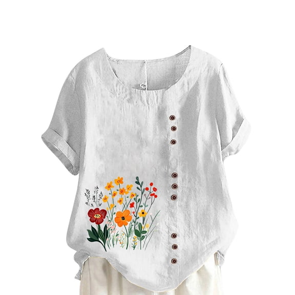 AVTOIFY Summer Womens Blouses Dressy Casual, Women Casual And Linen Round-Neck Printed Short Sleeve Button T-shirt Blouse White L