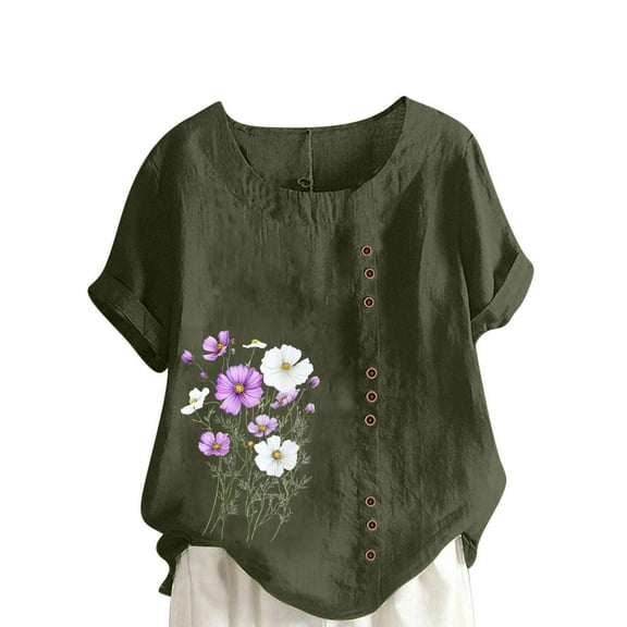 AVTOIFY Summer Womens Blouses Dressy Casual, Women Casual Linen Round-Neck Plus Size Printed Short Sleeve Button T-shirt Blouse Army Green XL