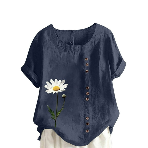 AVTOIFY Summer Womens Blouses Dressy Casual, Women Casual Linen Round-Neck Plus Size Printed Short Sleeve Button T-shirt Blouse Navy XXXXL