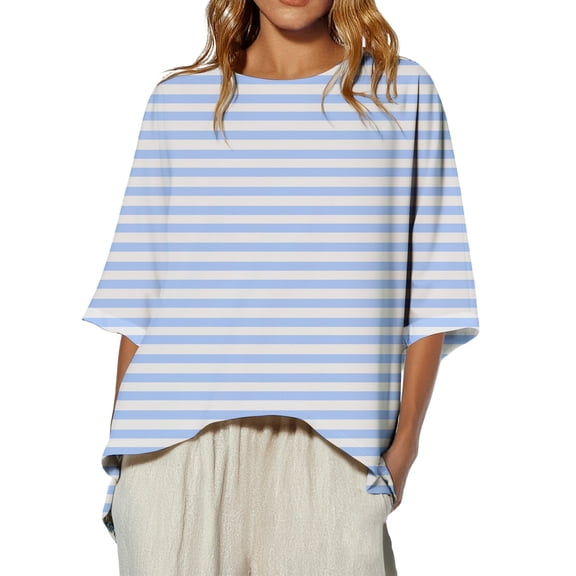 AVTOIFY Summer Womens Blouses Dressy Casual, Women'S Round-Neck Long-Sleeved Solid-Color Casual Top Light Blue XXL