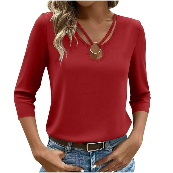 AVTOIFY Summer Womens Blouses Dressy Casual, Women's 3/4Sleeve Shirts Casual Summer Tops Trendy Blouses Cute T-Shirts Outfits Red S