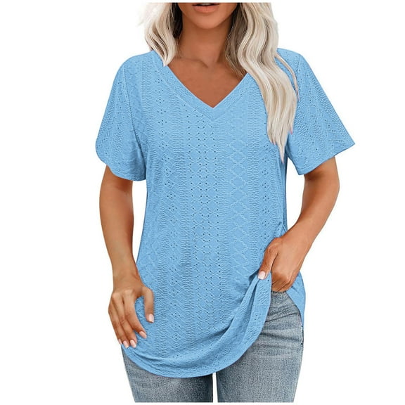 AVTOIFY Summer Womens Blouses Dressy Casual, Women's And Summer V- Neck Printed Casual Pullover With Short Sleeves Light Blue L