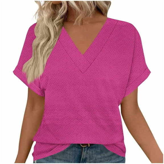 AVTOIFY Summer Womens Blouses Dressy Casual, Women's Casual Printed Short Sleeve Comfortable V-Neck Blouse Fashionable And Comfortable Tops Hot Pink S